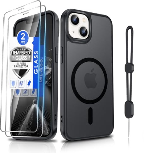 Dizn for iPhone 13/iPhone 14 Phone Case with 2 Screen Protector & Phone Lanyard, Fit for MagSafe,Camera Bumper Protection, Shockproof,Magnetic Thin Translucent, Cover for iPhone13/iPhone14,Black