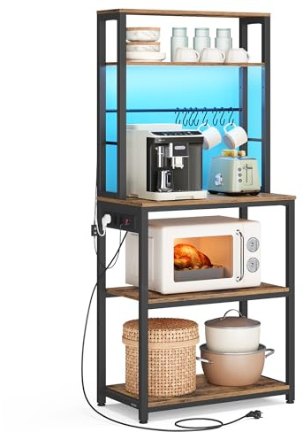 VASAGLE Estantería de Cocina con iluminación LED, estantería de pie con enchufes, Estante para microondas con estantes Ajustables, 8 Ganchos, 40 x 60 x 168,4 cm, Color marrón y Negro Mate Vintage