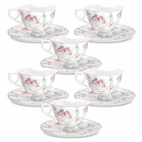 fanquare 6er Set 180ml Teetassen und Untertassen mit Rosa Schmetterling | Kaffeetassen mit Goldrand Elegantes Porzellan Teetasse Spülmaschinen und Gefriergeeignet für Frühstück Nachmittagstee