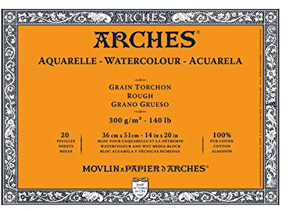 Arches 1795088 akvarellpapper i block (36 x 51 cm, limmad på 4 sidor, 300 g/m² grovkorn) 20 ark naturvit