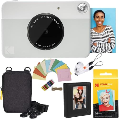 Kodak Printomatic Sofortbildkamera (Grau) Paket + Zinkpapier (20 Blätter) Etui + Fotoalbum + Hängerahmen + Bequemer Halsriemen