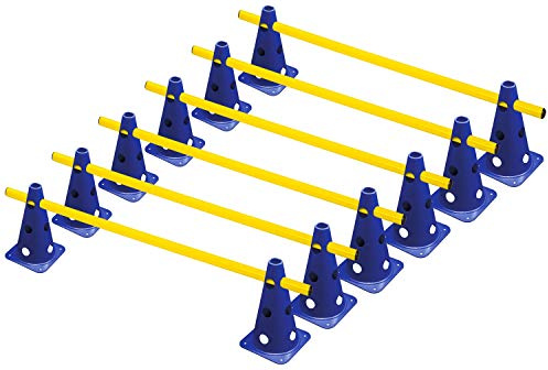 RHINOS sports Steckhürdenset, 6 Hürden, 22,5 cm, Blau/Gelb | 12 Kegel + 6 Stangen (1 m) | 3 Höhenstufen | Für Fußball, Schule, Hundetraining & Hobby Horsing
