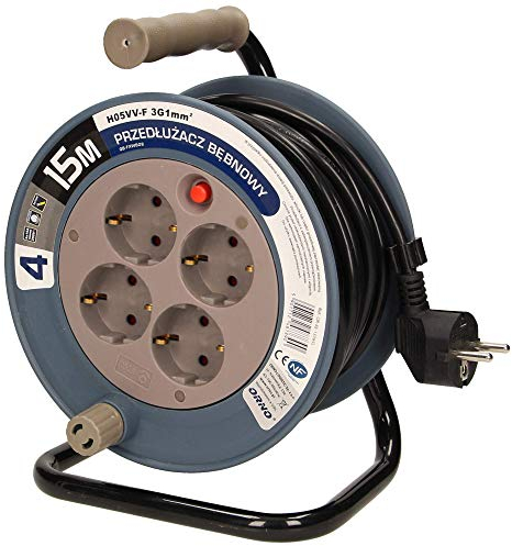 Orno AE-1339 Mini Tambor De Cable 15m con 4 tomas de corriente, soporte de metal y protección térmic (Gris)