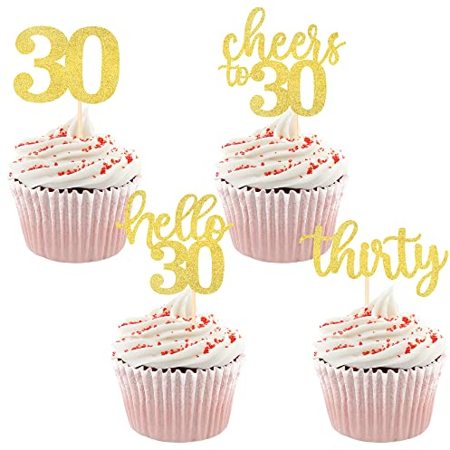 SYKYCTCY 36Pack 30th Birthday Cupcake Toppers Glitter Cheers to 30 Cake Toppers Hello 30 Thirty Cupcake Picks for 30th Birthday Anniversary Party Cake Decoratons Supplies Gold
