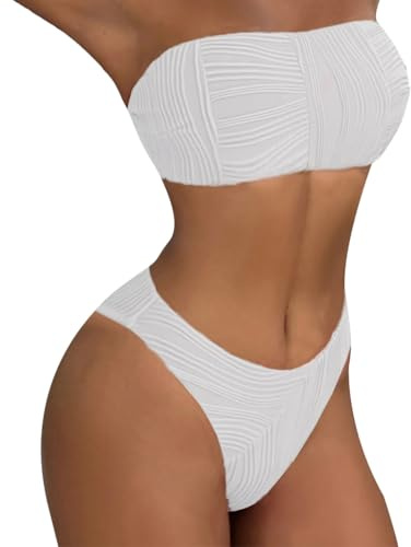 Maillots de bain 2 pièces sans bretelles pour femme - Maillot de bain à coupe haute - Bikini bandeau pour femme, blanc, M