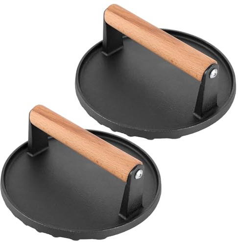 SHUESS 2 Stück Burgerpresse Gusseisen Antihaft, Großer Burger Smasher mit hitzeabweisendem Griff, Grillpresse für Steaks, Burger, Speck, Würstchen und Sandwiches(Ø17.5cm)