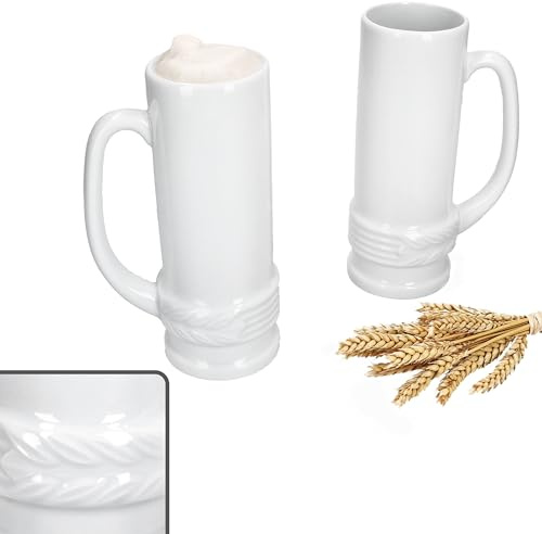MamboCat 2er Set Ehren-Krug mit Henkel I 0,5 Liter I weißer Bierkrug aus Keramik mit Ähren-Relief für 2 Personen I schlanker glänzender Bierhumpen I Grillparty, Vereinsfeier