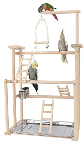 RoseFlower Wooden Bird Playground Parrot Playstand, Perches Stand for Conure, Parakeets, Budgie, Cockatiels, Lovebirds, Bird Cage Accessories with Swing, Ladder, Feeder Cups, Tray #3