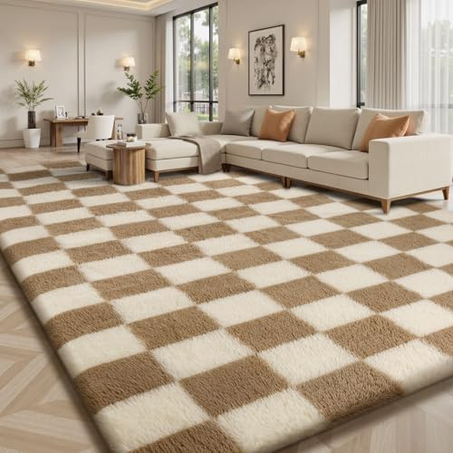 Treeboy Teppiche für Wohnzimmer 160x230cm,beige and weiß Karo-Teppich | für Schlafzimmer,waschbarer,Rutschfester,extragroßer Flauschiger Shaggy-Teppich für Kinderzimmer, Wohnheim