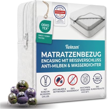 Twinzen - Matratzenbezug 120x200x20cm - Encasing Milbenbezug - Wasserdicht | Mit Reißverschluss · Anti-Milben & Bettwanzen · Frottee-Oberfläche · Matratzenschoner für Allergiker · Bi-Ome · Oeko-Tex