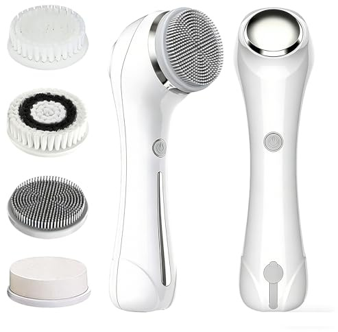 Spazzola elettrica per la pulizia del viso, impermeabile 3 in 1, con 4 testine, massaggiatore viso EMS con riscaldamento, pulizia profonda per tutti i tipi di pelle