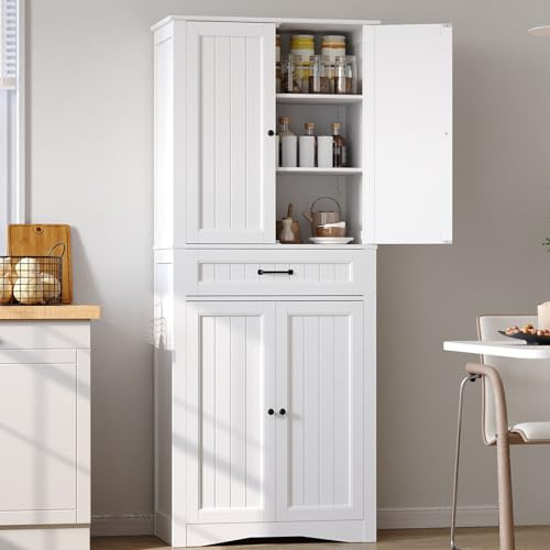 Blishom Credenza Alta Armadio di Archiviazione,Armadio da Cibo Autonomo con Ripiani Regolabili & 4 Porte per Salotto,Stanza da Pranzo,Corridoio & Bagno,72x40x182 cm,Bianco (Bianco)