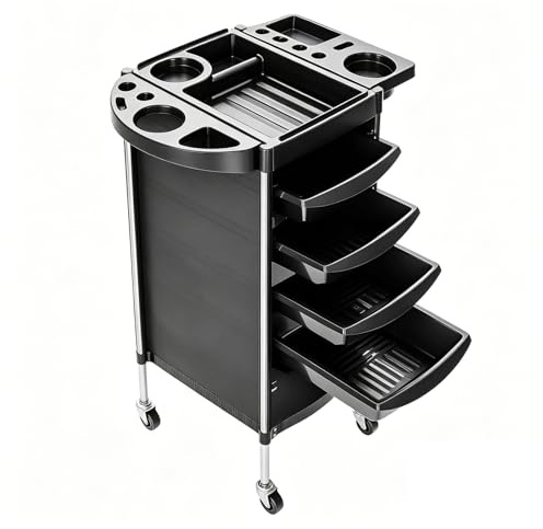 Kortemora Salon Trolley Cart with 4 Sliding Drawers, Rolling Beauty Storage Cart with Wheels, Multi-Function Hairdresser Barber Trolley, Plastic Utility Organiser for Salon Spa Bathroom Kitchen, Black