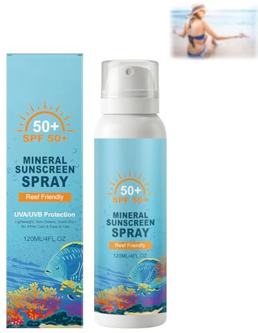 Solspray SPF 50+, bredbands-UVA-/UVB-skydd, mineralsolskyddsspray SPF 50, fuktgivande solskyddsspray för ansikte och kropp, uppfriskande och vattentät (1 st.)