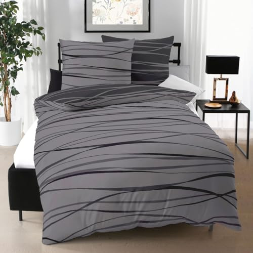 Kaeppel 2-teiliges Biber Wende - Bettwäsche Set mit Reißverschluss in 155x220 + 80x80 cm Design Motion 584 in der Farbe grau - anthrazit
