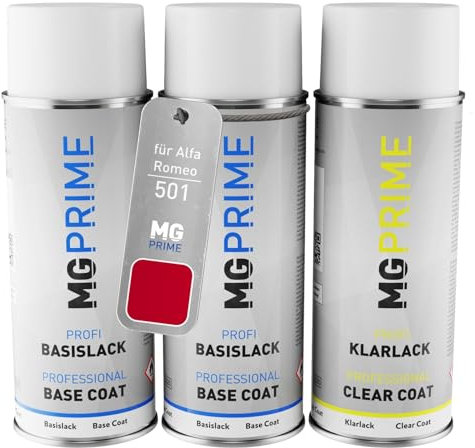 MG PRIME Vernice per auto Kit di bombolette a spruzzo per Alfa Romeo 501 Rosso Alfa/Alfa Red Bomboletta spray da 400ml di vernice di fondo vernice di base vernice trasparente