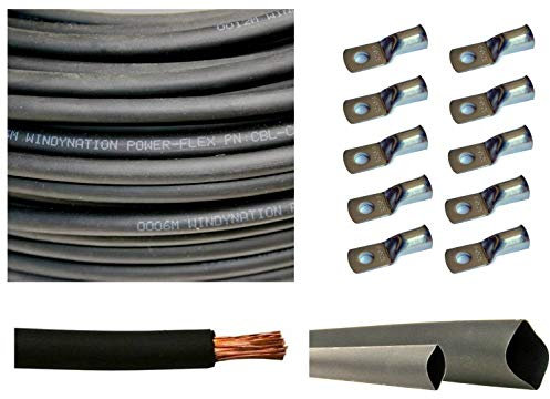 WNI 4/0 AWG 4/0 Gauge 20 Feet Black Battery Welding Pure Copper Ultra Flexible Cable + 5pcs of 5/16 & 5pcs 3/8 Copper Cable Lug Terminal Connectors + 3 Feet Heat Shrink Tubing