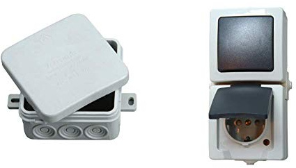 Kopp Abzweigdose Profi-Pack 10x Aufputz für den Feuchtraum, 75 x 75 x 40mm, IP54, Verbindungsdosen mit 12 Kabeleinführungen, grau & Nautic Steckdose und Schalter Kombination für Feuchtraum, grau