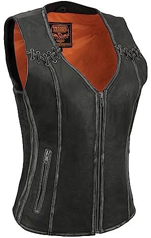 Milwaukee Leather MLL4526 Women's Distress Grey Leather Motorcycle Rider Vest- Stretch Side Panel W/Lacing Detail - X-Large