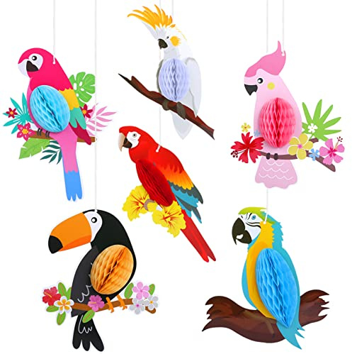 Kesote 6Pcs Tropical Bird Honeycomb Paper Parrots for Hawaiian Party Decorations | Tiki Bar, Summer Beach Luau, Hanging Decorations