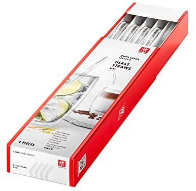 ZWILLING Sorrento - Pajitas de cristal de borosilicato (4 unidades, 23 cm de longitud, forma curva, transparentes)