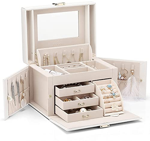 Vlando Schmuckschatulle mit Spiegel und Verschluss, Schmuckschatulle aus Leder für Armbänder, Ohrringe, Ringe, Halsketten, Uhren, Geschenk zum Muttertag (Perlweiß)