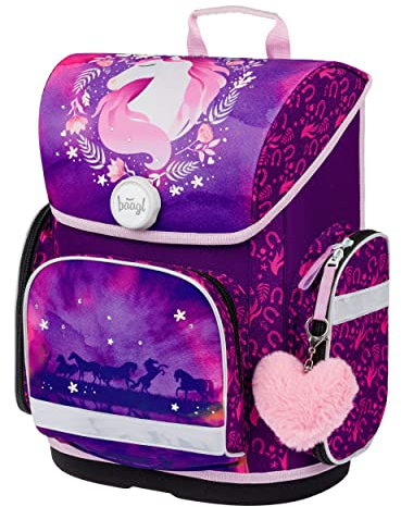 Baagl Schulranzen Mädchen für 1. Klasse, Ergo Schultasche Mädchen Grundschule, Leichter Kinder Ranzen Tornister Schulrucksack mit Brustgurt (Pferd)