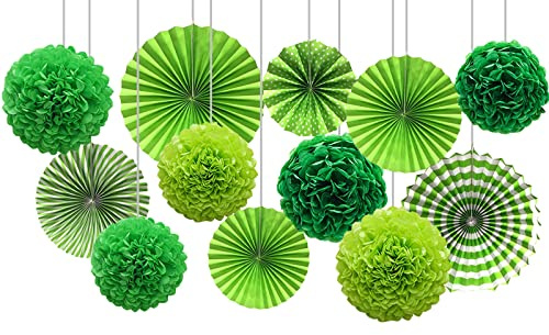 Lot de 12 Vert Pompons en Papier et Éventail en Papier pour Décoration Suspendre de Plafond de Fête
