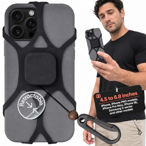 Pulpo - Guinzaglio di sicurezza per telefono, anti-goccia, per tutti gli smartphone, antifurto, con clip retrattile per cavo in fibra, compatibile con custodia e fotocamera, 2 AM, nero