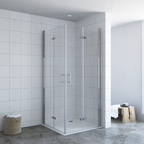 Duschkabine 80x80 x 195 cm Eckeinstieg Falttüren faltbar Glas rahmenlose Eckdusche ecke Glasdusche Drehfalttür Doppeltür klappbar für Duschwanne Bodengleiche Dusche Klarglas 6 mm Nanobeschichtung