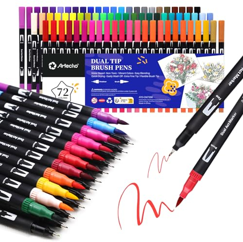 Artecho 72 Dual Tip Brush Pens，Colouring Pens brush pens for Adult，Colouring Books，Calligraphy，Drawing，Sketching, nylon tip for Artists，Beginners