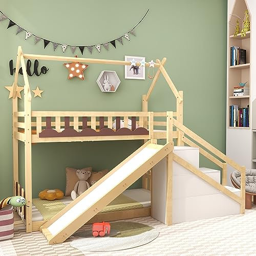 kubeier Letto a Castello con Scivolo, Struttura per Letto a Castello per Bambini in Pino Massiccio con Protezione anticaduta e ringhiera, Rete a doghe 90 x 200 cm per Ragazzi e Ragazze