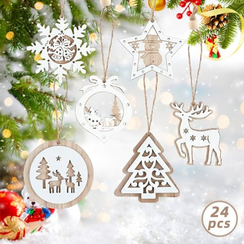 Kalolary 24 Piezas Decoración de Madera para el Árbol de Navidad, Decoración de Árbol de Navidad con Cuerda para Adornos Navideños Etiquetas de Regalo DIY Manualidades(6 Estilos)