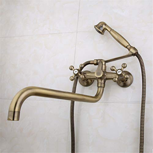 Badewannenarmatur mit Dusche, 36 cm drehbarer Auslauf, Messingkörper, gebürstetes Nickel, Badezimmer-Duscharmatur mit ABS-Duschkopf und Edelstahl-Duschschlauch, Antik