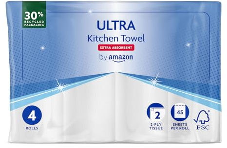 by Amazon ULTRA Kitchen Roll, Extra Absorbent, 4 Rolls (Pack of 1), 45 Sheets per Roll, Wring and Reuse, FSC Certified