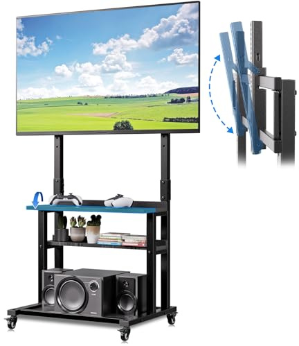 KAMIWI Rolling TV Stand with Large Storage and Foldable Table, Mobile TV Stand on Wheels for 32-75 inch TVs, Height Adjustable Entertainment Center for Outdoor, Bedroom, Living Room, Office