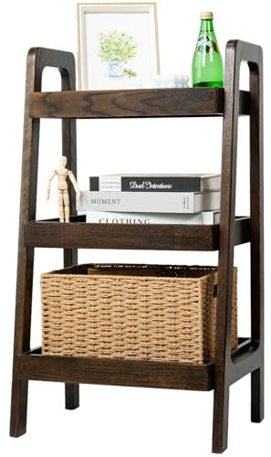 Towood Lifee 3-Tier Ladder Shelf, Solid Oak Wood Ladder Bookshelf, Walnut