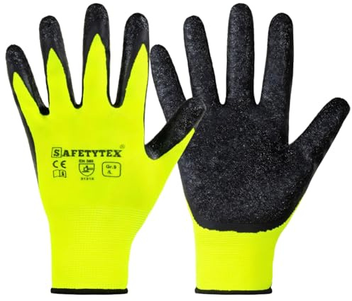 Safetytex Arbeitshandschuhe Latex Beschichtung neongelb Größe 10/24 Paar | Montagehandschuhe, Schutzhandschuhe für Haus, Garten, Industrie, Handwerk, atmungsaktiv, sicherer Griff