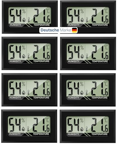 Thermo-Hygrometer 8er Set Digital - Mini Hygrometer Innen, 2-in-1 Feuchtigkeitsmessgerät & Raumthermometer digital °C/°F + on/off - für Raumklima, Growbox, Terrarium, Humidor & Curing - mit Batterien