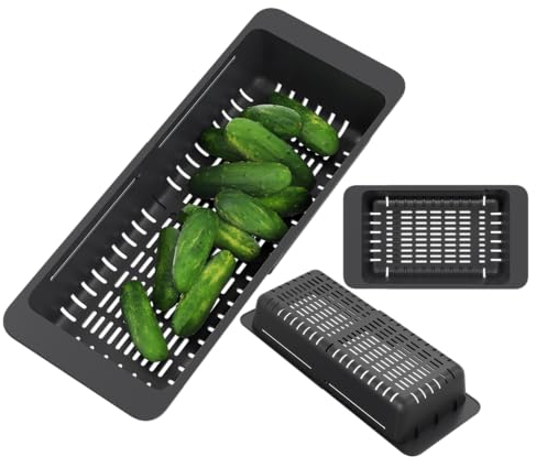 Cestino per Lavandino Cucina per Frutta e Verdura - Regolabile (32-46 cm) Gocciolatoio per Lavello - Scolapasta da Lavello - Nero - Granitan