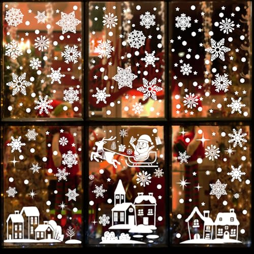 Sevenpers 247pcs Fensterbilder Weihnachten Häuser,Weiß Weihnachtsdeko mit Sterne Schneeflocken Häuser Muster,PVC Aufkleber für Winter,Christmas Weihnachten