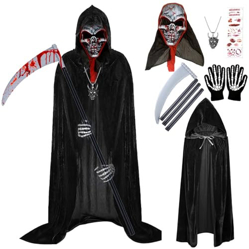 Morte Costume di Halloween,Mantello Morte Halloween,Maschera da Scheletro,Falce Giocattolo,Guanti da Scheletro,Collane,adesivi horror,Adulto Bambini Mantello per Cosplay Halloween (Velo del cranio)