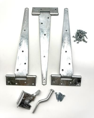 Heavy Duty Hot Dipped Galvanised Garden Gate Hinge Pack. 3PK of 12 Tee Hinges, Auto Close Latch and All Fixings. Hanging Kit for Gates and Doors. Corrosion and Weather Resistant External Hinge Set.