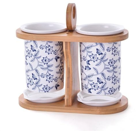 Porta Mestoli da Cucina Portautensili da bancone della cucina, scolaposate in ceramica con supporto in bambù e 2 scomparti, for organizer for utensili e utensili da cucina Portautensili da cucina
