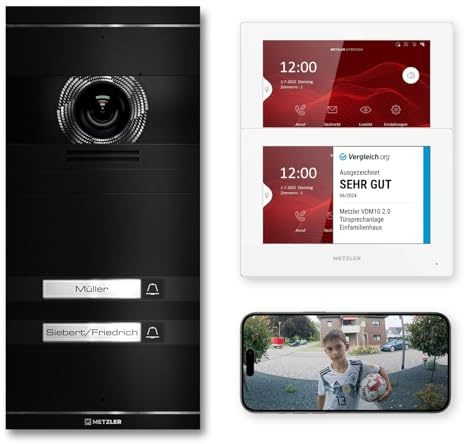 Metzler VDM10 2.0 Video Sprechanlage Komplett Set mit austauschbarem Namensschild - Anschluss 2-Draht - Türsprechanlage mit HD-Kamera und Bildschirm für 2 Familienhaus, in Schwarz aus V2A Edelstahl