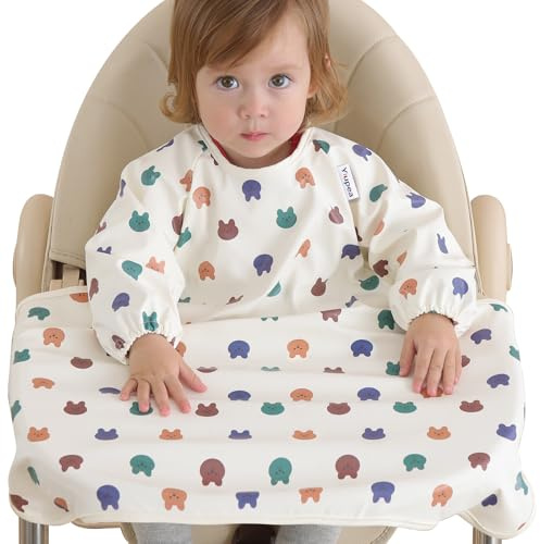 Yiupea Bavaglino per Bambini con Maniche Lunghe da Attaccare al Seggiolone da 6 a 24 mesi, Bavaglino per lo Svezzamento Impermeabile e Facile da Pulire, Lavabile in Lavatrice, Materiale Morbido&BLW
