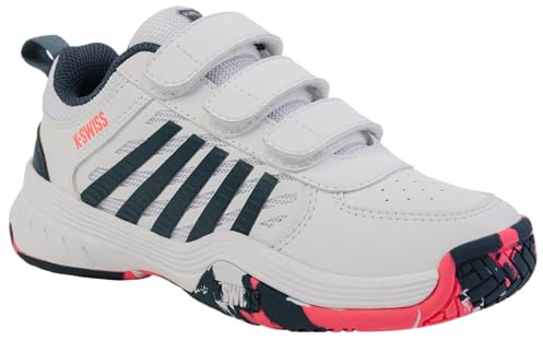 K-Swiss Unisex Kinder Court Express 2 Strap Tennis Shoe, White Stargazer Neon Blaze, 32 EU