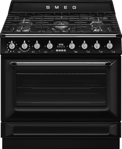 Smeg TR90GMBL Cucina 90 Cm, Modello Victoria, Piano Cottura A Gas, 5 Fuochi, Forno Elettrico Multifunzione, Colore Nero, Classe Energetica A