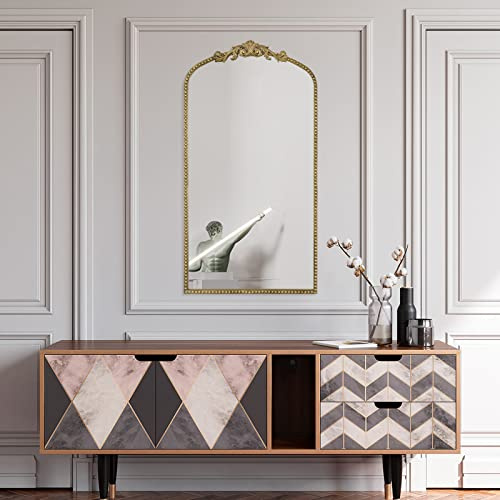 G-LEAF Vintage Gold Bogenspiegel 48x78 cm,Traditioneller Arendahl Antik Spiegel mit Verziertem Metallrahmen, Barock Wandspiegel für Eingang/Bad/Wohnzimmer/Flur/Schlafzimmer