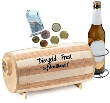 Bierfass-Spardose aus Holz mit Flaschenöffner & Flaschenhalter – Gravur „Biergeld – Prost auf den Abend“ – Männergeschenk, Kronkorkenbehälter, Deko für Bar
